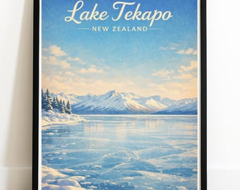 Lago Tekapo, Nueva Zelanda - Póster vintage de viaje de invierno