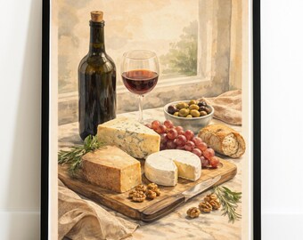 Queso y vino: impresión vintage de comida europea de mediados de siglo
