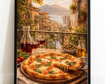 Lámina decorativa de pizza para pared, póster de comida italiana, decoración de cocina mediterránea, arte rústico de viaje.