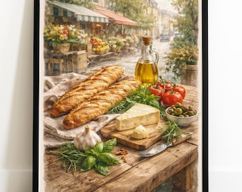 Arte mural de bodegón de mercado francés: ilustración de comida europea vintage, impresión de decoración rústica para cocina