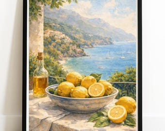 Lámina de limones de la Costa Amalfitana – Arte mural vintage con estilo pictórico para la cocina.