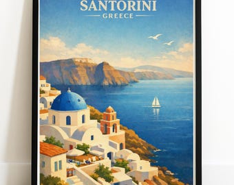 Santorini Greece Poster - Vintage Travel Wall Art, Aegean Caldera Illustration, Retro Painterly Coastal Print