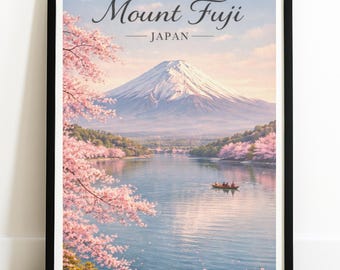 Póster de viaje al Monte Fuji: arte vintage japonés de flores de cerezo