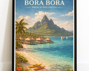 Bora Bora Travel Poster | French Polynesia Retro Island Wall Art (Painterly Print)