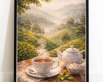 Lámina de plantación de té de Sri Lanka: taza de té vintage, paisaje sereno para decorar la pared.
