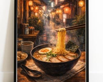 Lámina decorativa de ramen de Tokio, póster de comida japonesa, decoración acogedora para la cocina, ilustración de viaje con estilo pictórico.