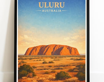 Póster de Uluru, Australia: arte mural de viaje vintage, ilustración de paisaje desértico, impresión pictórica retro de naturaleza.