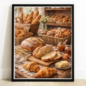 Puede incluir: Imagen enmarcada de una exhibición de panadería con varios panes y pasteles. Las cestas contienen baguettes, cruasanes y otros productos horneados. También se ven pan rebanado, mantequilla y tarros de mermelada, creando una escena rústica.