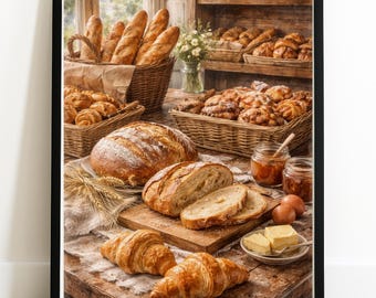 Arte mural de pan de panadería artesanal: ilustración de panadería europea vintage, impresión de decoración rústica para cocina