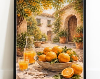 Lámina con estampado de naranjas en un patio español – Decoración de pared estilo pintura mediterránea para cocina