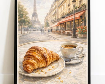 Arte mural de café y croissant de París: decoración de cocina francesa vintage, ilustración de comida europea