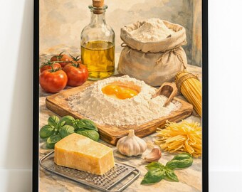 Pasta Ingredients - Vintage Mid-Century Italian Food Illustration Print