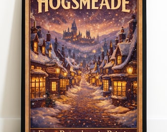 Póster de viaje vintage de Hogsmeade Winter Village / Impresión artística mágica / Decoración de pared con cerveza de mantequilla