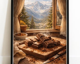 Lámina alpina de chocolate suizo, arte de pared acogedor para la cocina, ilustración de comida con estilo pictórico
