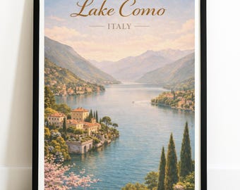 Póster vintage de viaje del lago de Como: arte mural con paisaje italiano