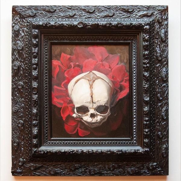 Fetal skull nestled in red peony, original oil on panel in vintage frame.