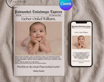 Patenonkel Zeitung – Personalisierte Taufzeitung – Willst du mein Patenonkel sein – Canva Vorlage – Descarga digital – Druck & Handy
