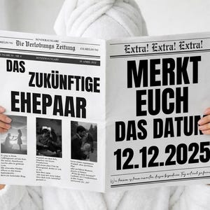 May include: Newspaper with the headline "The Future Couple" in large black letters. The right side of the paper reads "Remember the date 12.12.2025". The newspaper is held by a person wearing a white robe.