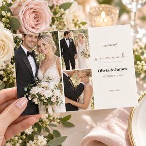May include: A rectangular wedding thank you card featuring three photographs of a couple in formal attire. The text reads: THANK YOU so much, Olivia & James, SEPTEMBER 14, 2027, WITH LOVE. The card has a white background with black and script lettering.