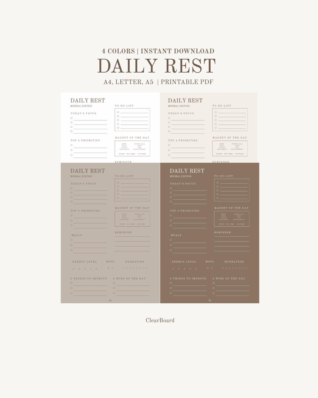 Minimalist Daily Reset Planner | Printable | A4 Letter A5 | 4 Colors ...