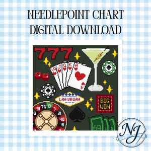 May include: A digital needlepoint chart with a casino theme. The design includes playing cards, a martini, dice, poker chips, cherries, and the text "LAS VEGAS" and "BIG WIN". The background is dark green with yellow accents.