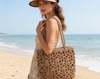 Personalized Straw Tote Bag, Openwork Floral Crochet, Beach Rattan Bag