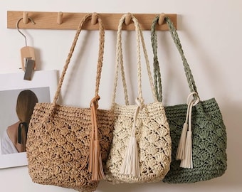 Personalisierte Stroh Strandtasche, durchbrochene Blumentasche, handgewebte Tasche