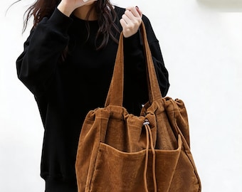 Retro-Cord-Einkaufstasche im japanischen Stil | Große Schultertasche aus Canvas im Instagram-Style | Cord Kordelzug Damen Umhängetasche