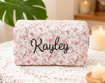 Mit Blumen gestickte Kosmetiktasche, personalisierter Make-up-Veranstalter