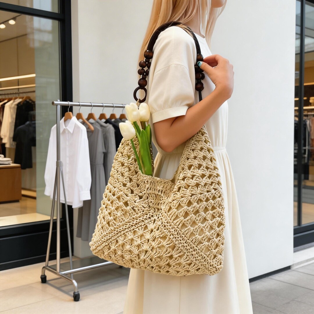 Woven Raffia Beach Tote With Openwork Design | Woven Market Basket Bag ...
