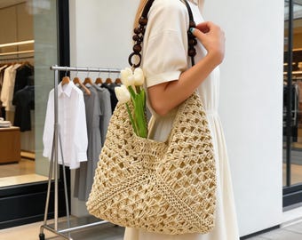 Woven Raffia Beach Tote with Openwork Design | Woven Market Basket Bag
