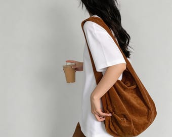 Künstlerische Damentasche aus Cord; Vintage Washed Damen Umhängetasche mit großer Kapazität