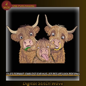 Peut inclure: Une broderie représentant trois vaches des Highlands avec une fourrure brune détaillée. L'une des vaches porte un anneau de nez doré, une autre mange de l'herbe et la troisième tire la langue. La conception est étiquetée "Digital Stitch Wave".