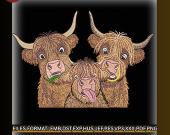 Diseño de bordado a máquina de la familia Crazy Highland Cow, divertido patrón de animal de granja, archivo escocés, lindo ternero, 2 tamaños incluidos, descarga instantánea EMB
