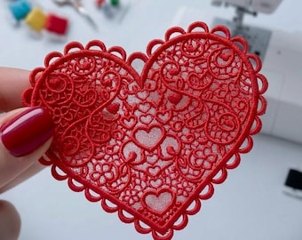 Diseño de bordado de filigrana de corazón rojo FSL, adorno de encaje independiente para San Valentín (2 tamaños) (Descarga instantánea)