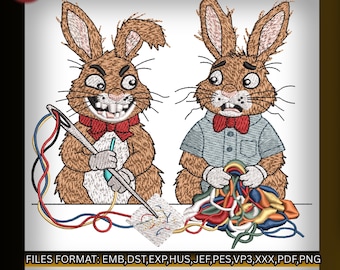 Diseño de bordado de conejito divertido en 2 tamaños, archivo de bordado a máquina de conejos con hilo enredado, patrón de conejitos locos, descarga digital instantánea.