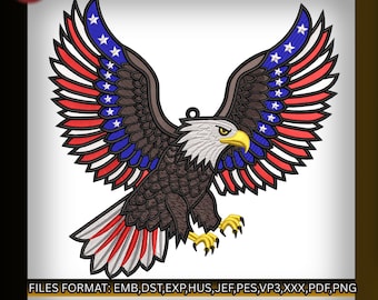 Diseño de bordado de águila patriótica FSL, adorno de encaje americano, archivo de bordado digital del 4 de julio, alas de la bandera de EE. UU., 2 tamaños, jef pes EMB
