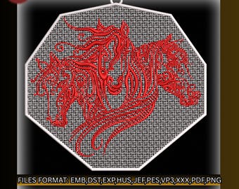 Diseño de bordado de caballo FSL, adorno salvaje, archivo de semental, adorno de encaje ecuestre, 2 tamaños, Pes, Jef, Dst, Hus, descarga instantánea