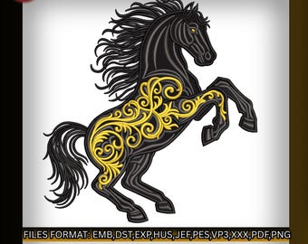 Diseño de bordado a máquina de caballo de filigrana dorada, archivo de bordado de semental negro majestuoso, patrón de caballo floral para chaquetas, 2 tamaños,