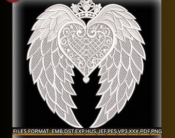 Diseño de bordado de alas de ángel FSL, bordado de encaje de corazón y corona, alas de ángel guardián FSL, 2 tamaños, descarga instantánea, 9 formatos