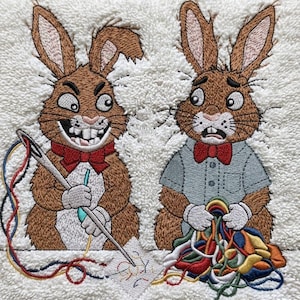 Funny Bunny Embroidery Design in 2 Sizes, Tangled Thread Rabbits Machine Embroidery File, Crazy Bunnies Pattern, Instant Digital Download