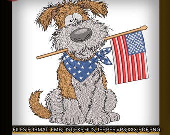 Diseño de bordado de perro patriótico, archivo para máquina de bordar de perro con bandera estadounidense, cachorro desaliñado del 4 de julio, Día de la Independencia, PES, DST, jef, emb