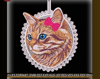 Diseño de bordado de gato de encaje independiente: gatito atigrado con lazo (descarga digital)