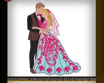 Diseño de bordado FSL de novios, adorno de boda (descarga digital: archivos pdf, pes, dst, emb incluidos).