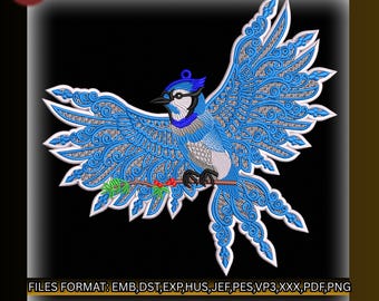 Diseño de bordado FSL de Blue Jay, pájaro de encaje independiente, archivo de bordado de pájaro de jardín, adorno de encaje de Blue Jay EMB PES hus jef, descarga instantánea