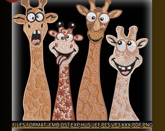 Diseño de bordado de escuadrón de jirafas divertido, archivo de bordado a máquina de la familia de jirafas extravagantes, animales de dibujos animados graciosos y peculiares, PES, JEF, EMB
