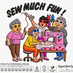 Diseño de bordado "Sew Much Fun", patrón divertido de patchwork para mujeres, archivo PES DST JEF, descarga instantánea para máquina de bordar.