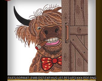 Divertido diseño de bordado de vaca de las Tierras Altas asomándose, vaca de las Tierras Altas con cigarro, bordado a máquina de vaca en la puerta del granero, descarga digital, 2 tamaños,