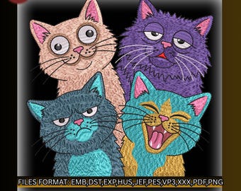 Diseño de bordado de gato loco y divertido, paquete de caras de gatos graciosos, archivo de bordado de gato gruñón y feliz, regalo para amantes de los gatos, PES DST JEF para sudaderas