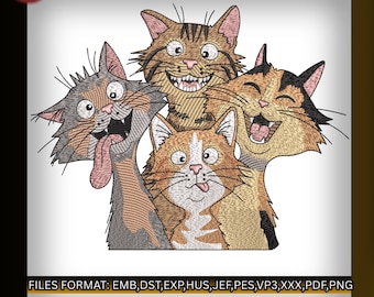 Diseño de bordado de gato divertido, archivo de bordado a máquina de gatitos adorables, descarga digital para máquinas de bordar, paquete de gatos, 2 tamaños incluidos